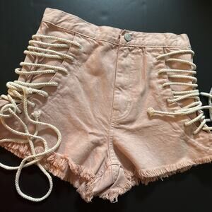 PacSun Womens /Jr Jean Shorts High rise Vintage Pink With Strings On Side Sz 26